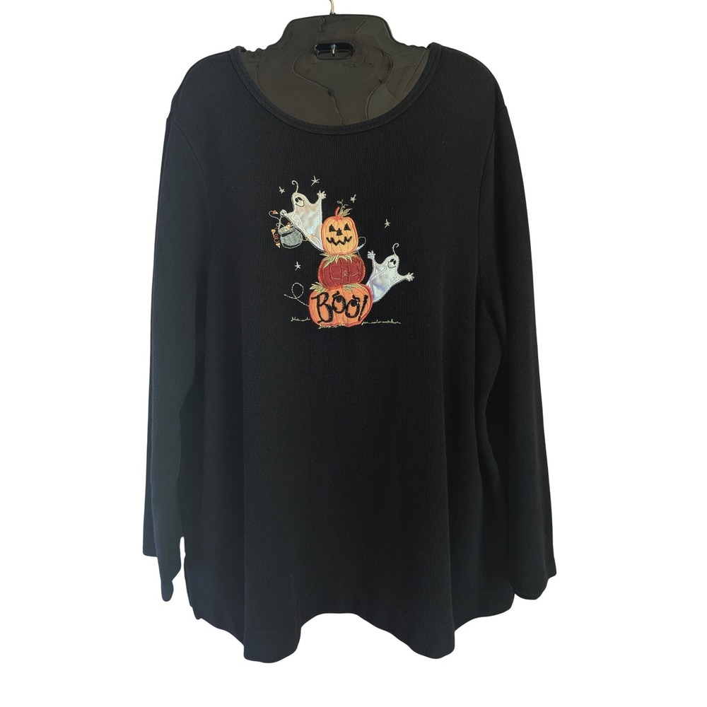Vintage Embroidered Top Women 18-20W Bead Spooky Pumpkin Ghost Ribbed Halloween